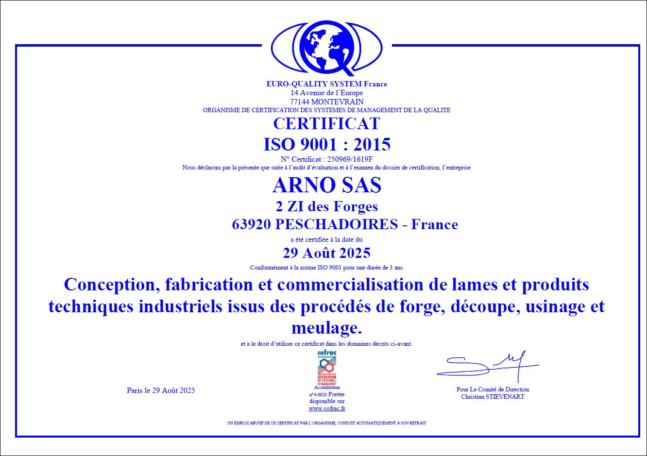 certificat qualité ARNO ISO 9001
